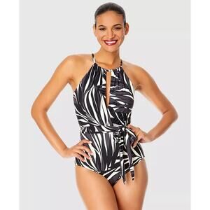 Anne Cole Women's High-Neck Belted One-Piece Swimsuit, Black/Wh Size 10 0403